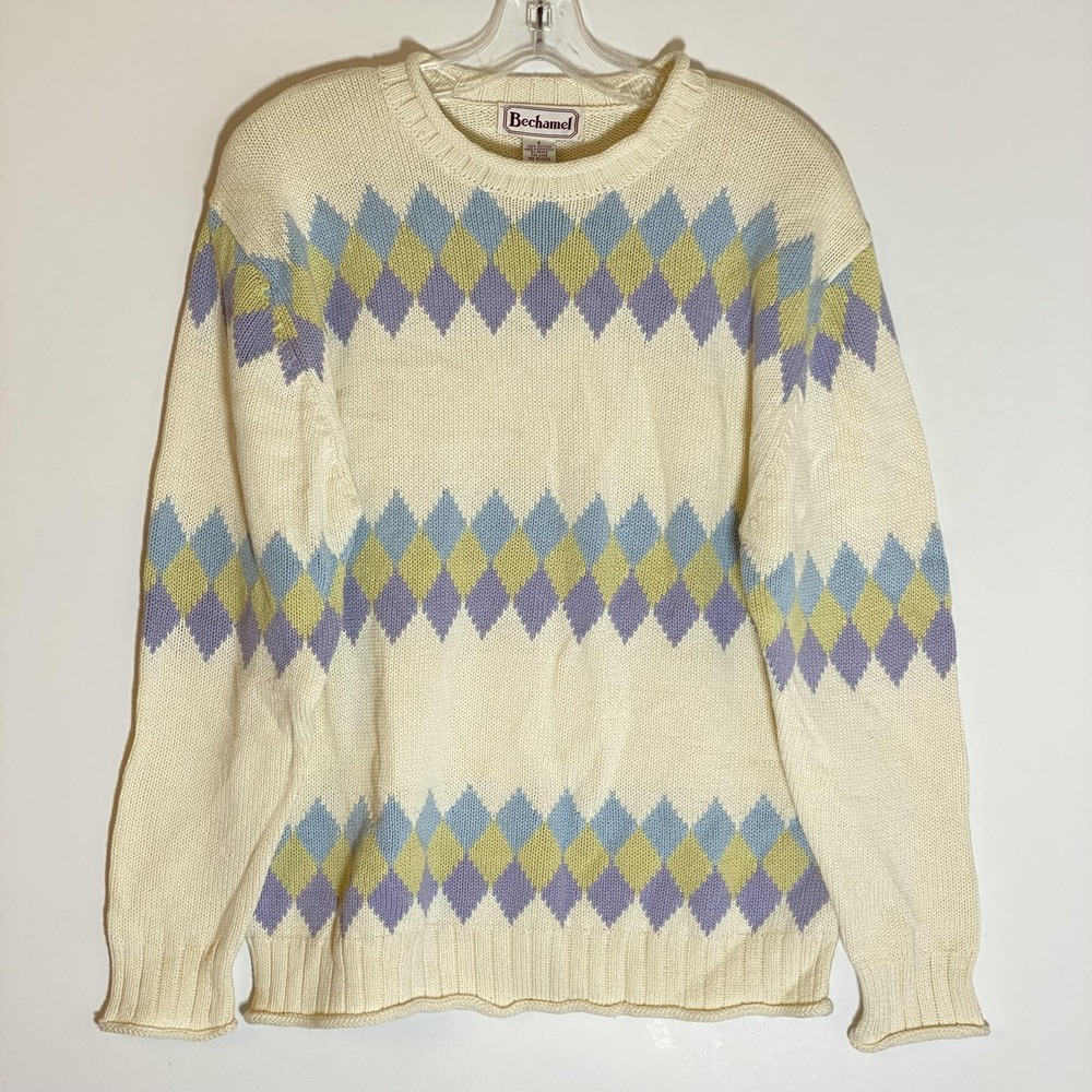 Bechamel Sweater Womens Small Cream Argyle Pastel Cotton Crewneck Pullover VTG